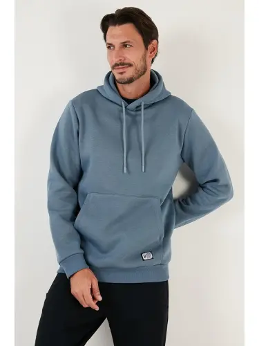 Mavi Slim Fit Kapüşonlu Kanguru Cepli İçi Tüylü Yumuşak Şardonlu Erkek Hoodie 5905281-Mavi 