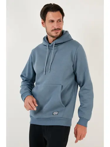 Mavi Slim Fit Kapüşonlu Kanguru Cepli İçi Tüylü Yumuşak Şardonlu Erkek Hoodie 5905281-Mavi - LC WAIKIKI (1)
