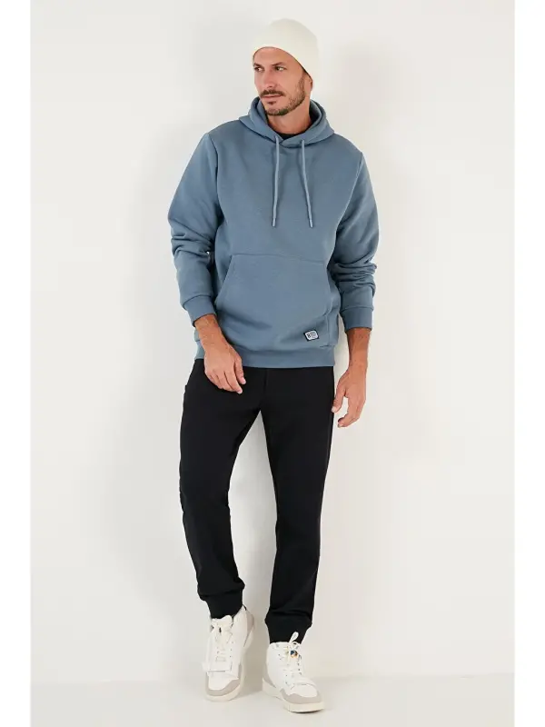 Mavi Slim Fit Kapüşonlu Kanguru Cepli İçi Tüylü Yumuşak Şardonlu Erkek Hoodie 5905281-Mavi - 3