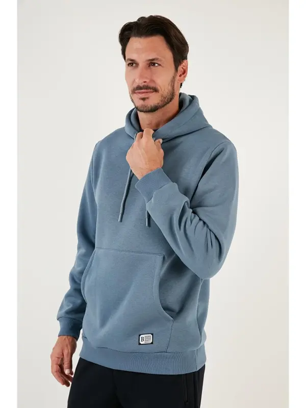 Mavi Slim Fit Kapüşonlu Kanguru Cepli İçi Tüylü Yumuşak Şardonlu Erkek Hoodie 5905281-Mavi - 4