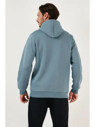 Mavi Slim Fit Kapüşonlu Kanguru Cepli İçi Tüylü Yumuşak Şardonlu Erkek Hoodie 5905281-Mavi - 5