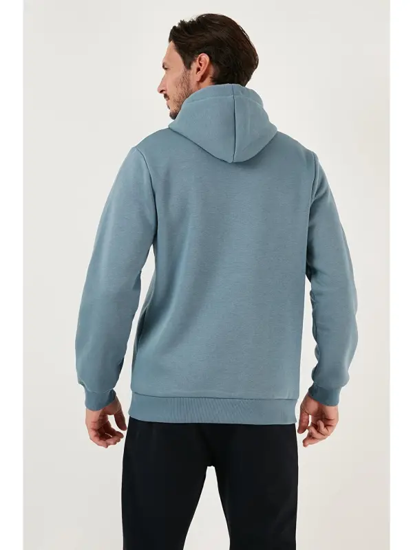 Mavi Slim Fit Kapüşonlu Kanguru Cepli İçi Tüylü Yumuşak Şardonlu Erkek Hoodie 5905281-Mavi - 5