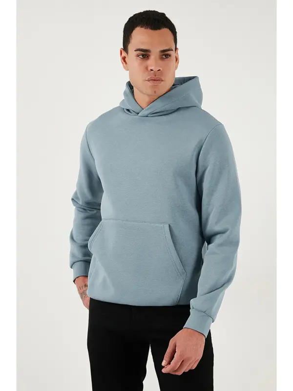 Mavi Slim Fit Kapüşonlu Kanguru Cepli İçi Tüylü Yumuşak Şardonlu Erkek Hoodie 5905281-Mavi - 6