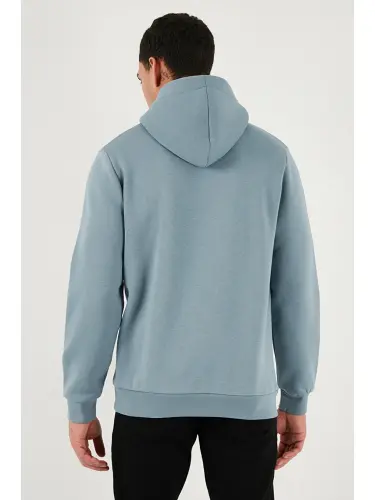 Mavi Slim Fit Kapüşonlu Kanguru Cepli İçi Tüylü Yumuşak Şardonlu Erkek Hoodie 5905281-Mavi - 7