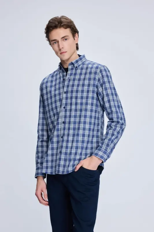 Mavi Slim Fit Kareli Düğmeli Yaka Uzun Kollu Pamuklu Gömlek - Mavi - 3