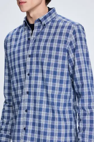 Mavi Slim Fit Kareli Düğmeli Yaka Uzun Kollu Pamuklu Gömlek - Mavi - 4