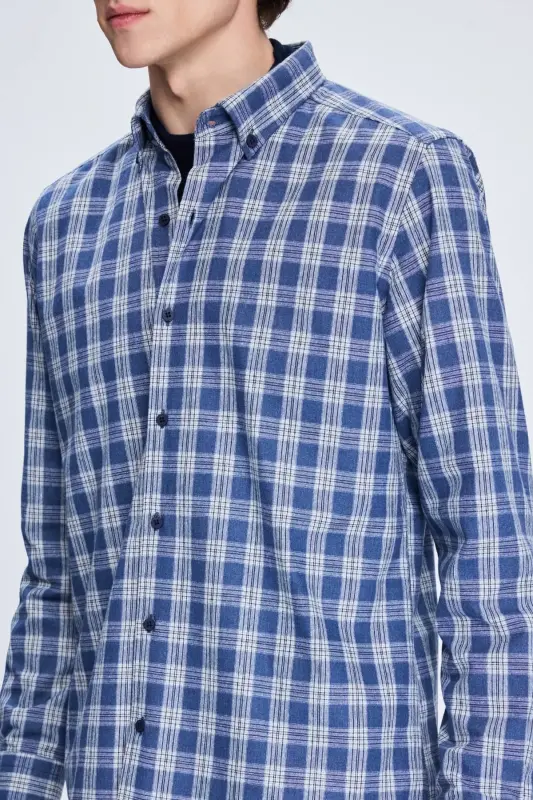 Mavi Slim Fit Kareli Düğmeli Yaka Uzun Kollu Pamuklu Gömlek - Mavi - 4