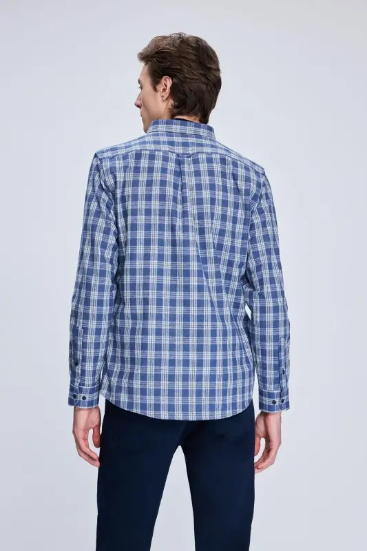 Mavi Slim Fit Kareli Düğmeli Yaka Uzun Kollu Pamuklu Gömlek - Mavi - 5
