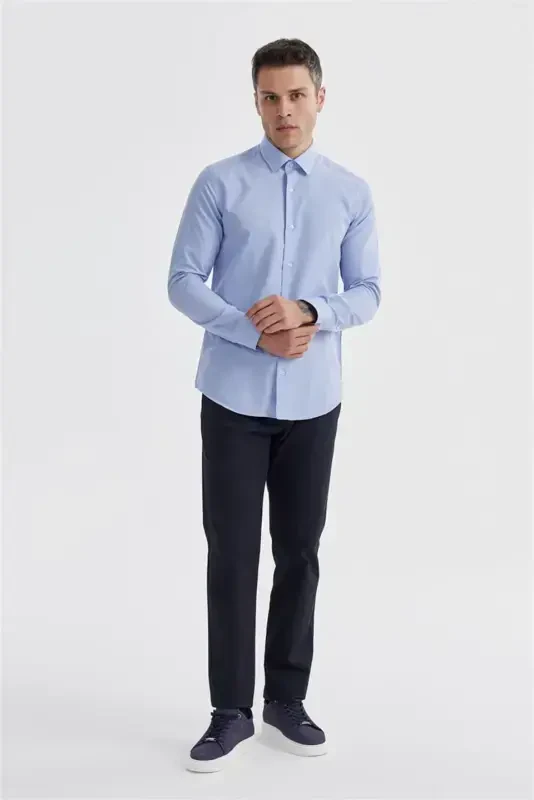 Mavi Slim Fit Pamuklu Klasik Kravatlık Gömlek - 1