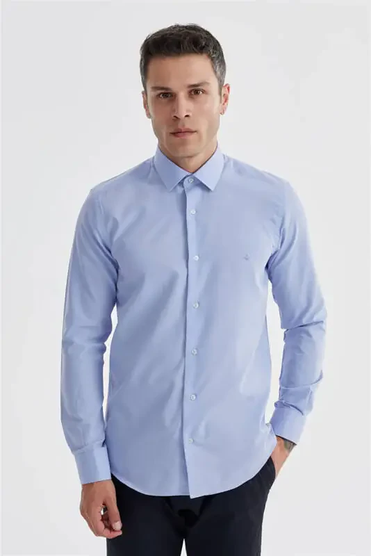 Mavi Slim Fit Pamuklu Klasik Kravatlık Gömlek - 2