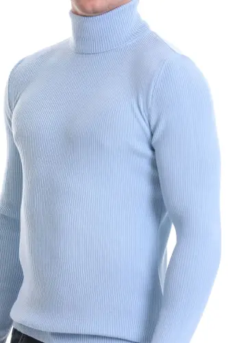 Mavi Slim Fit Qovurgali Baliqchi Yoqa Junli Triko Sviter - Ko'k - 5