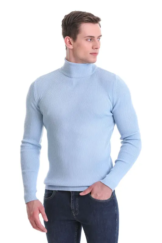 Mavi Slim Fit Ribbed Turtleneck Woolen Knit Sweater - Blue - 4