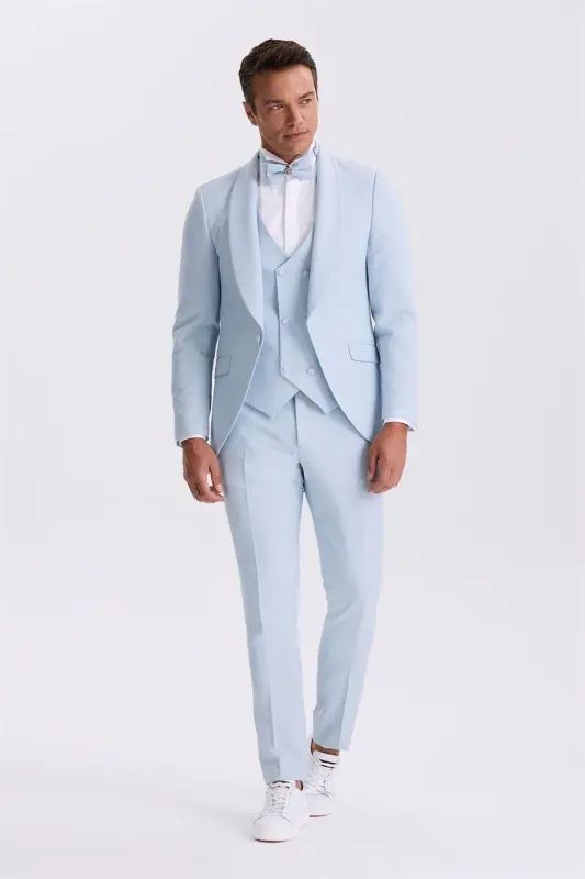 Mavi Slim Fit Şal Yaka Yelekli Smokin Damatlık Takım Elbise - 1