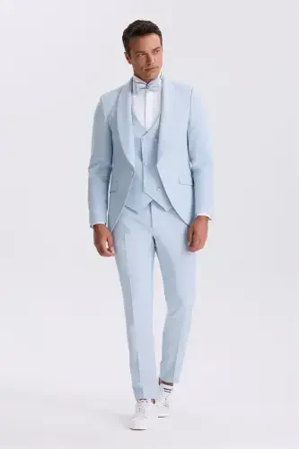 Mavi Slim Fit Şal Yaka Yelekli Smokin Damatlık Takım Elbise - 1