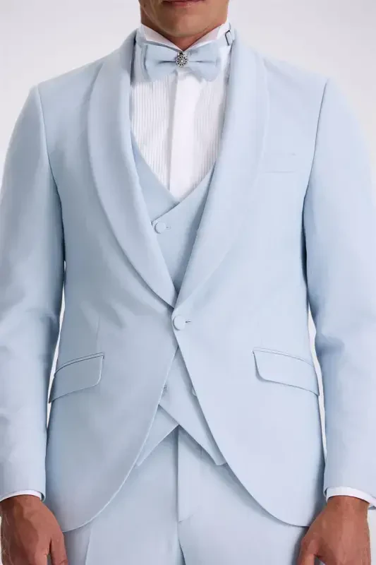 Mavi Slim Fit Şal Yaka Yelekli Smokin Damatlık Takım Elbise - 3