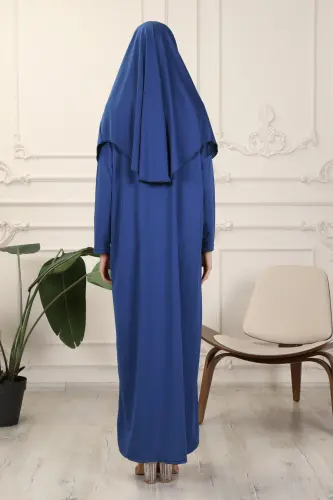 Mavi Tek Parça Kolay Kullanımlı Kendiliğinden Başörtülü Namaz Elbisesi-Mavi - TRANSACOUSTIC (1)