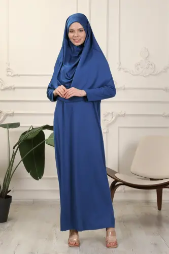 Mavi Tek Parça Kolay Kullanımlı Kendiliğinden Başörtülü Namaz Elbisesi-Mavi 