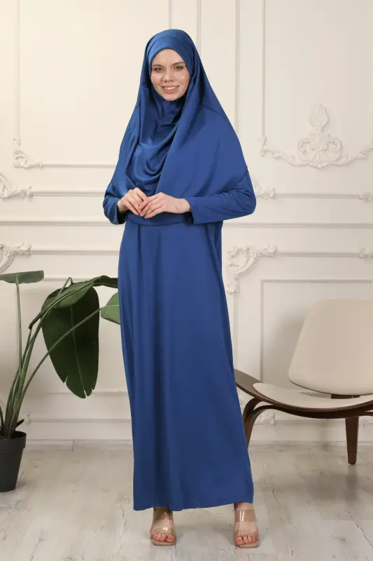 Mavi Tek Parça Kolay Kullanımlı Kendiliğinden Başörtülü Namaz Elbisesi-Mavi - TRANSACOUSTIC