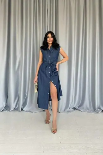 Mavi Tencel Çıtçıtlı Elbise - 3