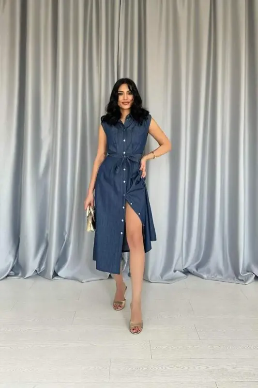 Mavi Tencel Çıtçıtlı Elbise - 3