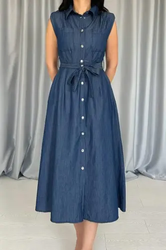 Mavi Tencel Çıtçıtlı Elbise - 4