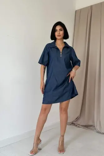 Mavi Tencel Kuplu Elbise - 1