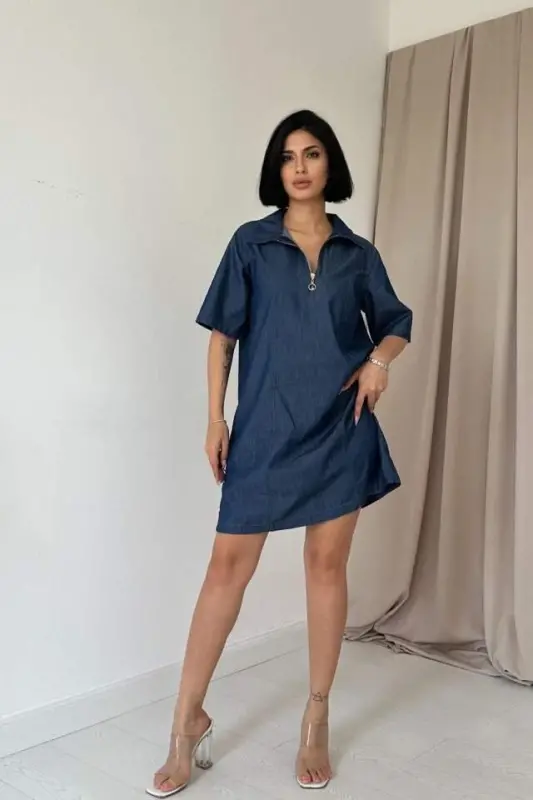 Mavi Tencel Kuplu Elbise - 1