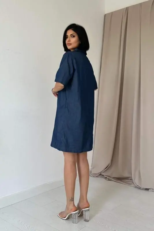 Mavi Tencel Kuplu Elbise - 4