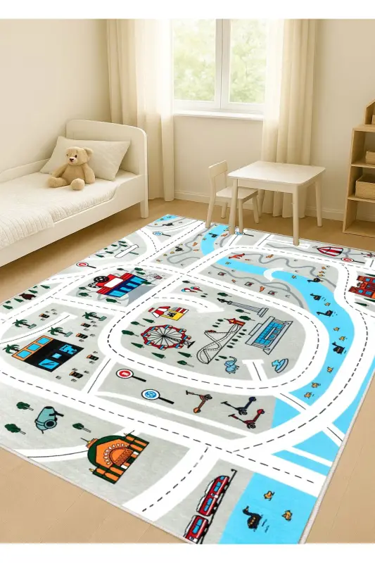 Mavi Trafik Çocuk Oyun Halısı Kaymaz Makinede Yıkanabilir Eğitici Bebek Ve Çocuk Odası Halısı Oyun2-Mavi - STY HOME