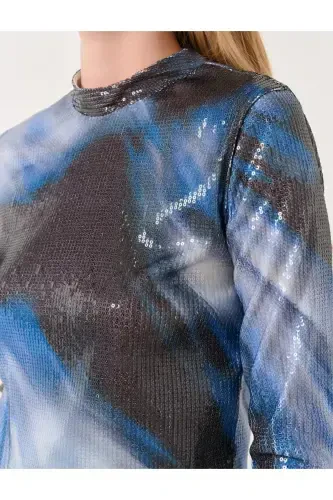 Mavi Uzun Kollu Pul İşlemeli Bluz - Modazone (1)