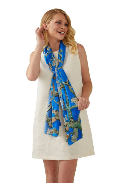 Mavi 50x170 Badem Ağacı % 100 Saten Ipek Fular Eşarp-Mavi 