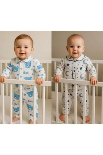 Mavi-Yeşil Çift 2’li Takım Yenidoğan Fitilli Organik Pamuk Kumaş 2’li Kız Erkek Bebek Takım-Mavi 