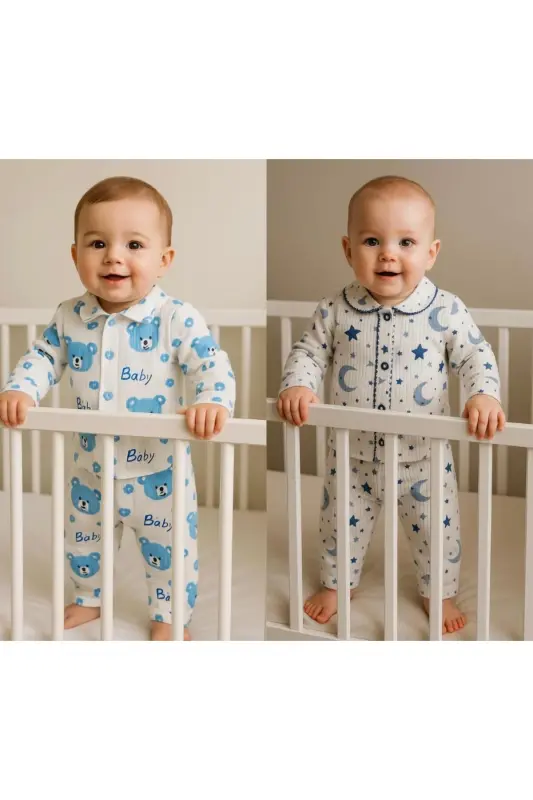 Mavi-Yeşil Çift 2’li Takım Yenidoğan Fitilli Organik Pamuk Kumaş 2’li Kız Erkek Bebek Takım-Mavi - ANNE DOKUNUŞU GIBI KUZUM BEBE