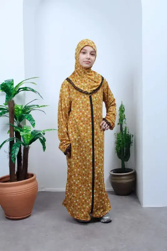 Mavsumiy bolalar namoz ko'ylagi gulli naqshli, yoshlar faraji, terlatmaydigan namoz kiyimi-Sariq - 2