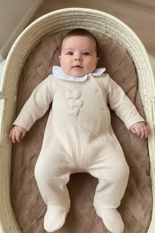 Mavsumiy uzun yengli bebe yoqali 100% paxta chitirli qiz bola patikli kombinezon 3-9 oy-BEJ - MINIPODYUM