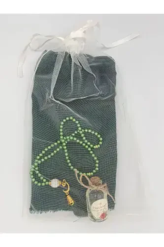 Mawlid Hajj gift sparkly pennant scarf Yaseen booklet Rosary glass bottled handmade rose water tulle pouch -EMERALD GREEN - 4