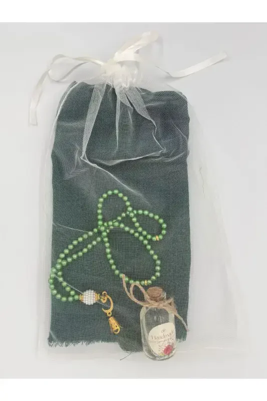 Mawlid Hajj gift sparkly pennant scarf Yaseen booklet Rosary glass bottled handmade rose water tulle pouch -EMERALD GREEN - 4