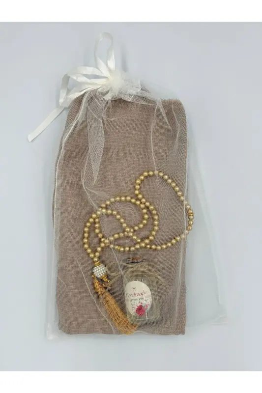 Mawlid Hajj Souvenir Glittery Flaming Scarf Yasin Cüzü Tasbih Glass Bottle Handmade Rose Water Tulle Bag - 5