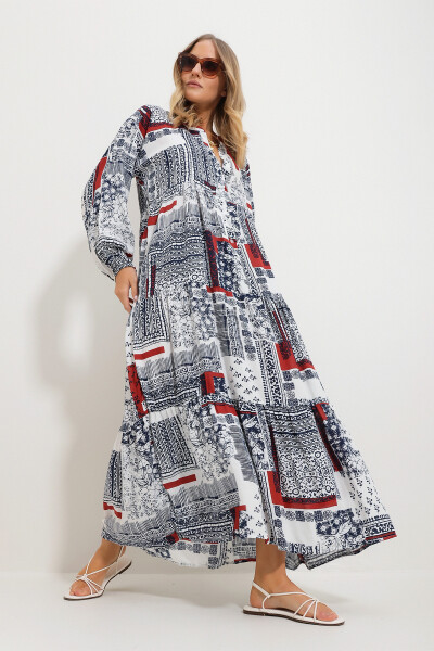 Maxi dress with a cinnamon color, shawl collar for women. - 3