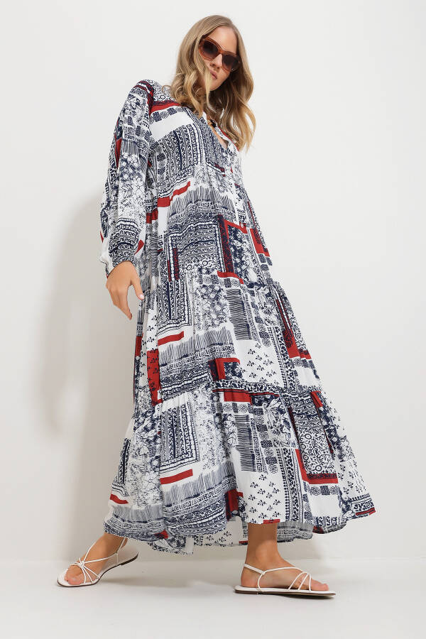 Maxi dress with a cinnamon color, shawl collar for women. - 4