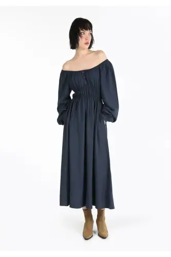 Maxi women's dress, open shoulders, elastic waist, navy blue. - 1