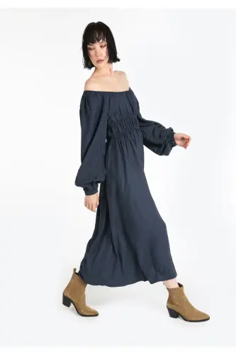 Maxi women's dress, open shoulders, elastic waist, navy blue. - 3