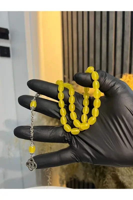 Maxsus yog'och qutidagi 33 dona chang kehribar tasbeh sariq sovg'a-sariq - 4