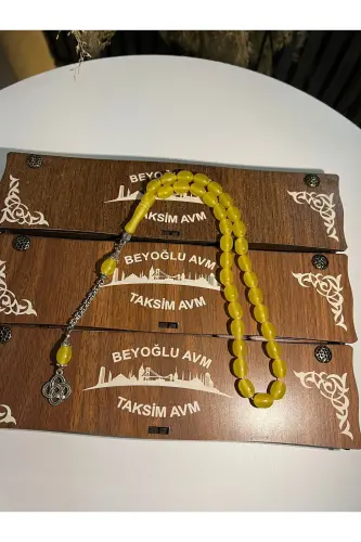 Maxsus yog'och qutidagi 33 dona chang kehribar tasbeh sariq sovg'a-sariq - 6