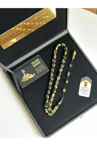 Maxsus yozuvli, maxsus qutili tilla zarrali tasbeh erkak uchun sovg'a sertifikatlangan shaxsiy ismli-qora - KEHRIBARSTORE (1)