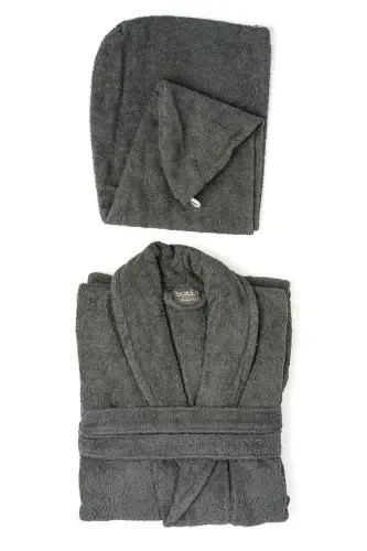 | Mayda | Extra Soft 100% Cotton Hair Bonnet & Women's Bathrobe Set-Anthracite - 1
