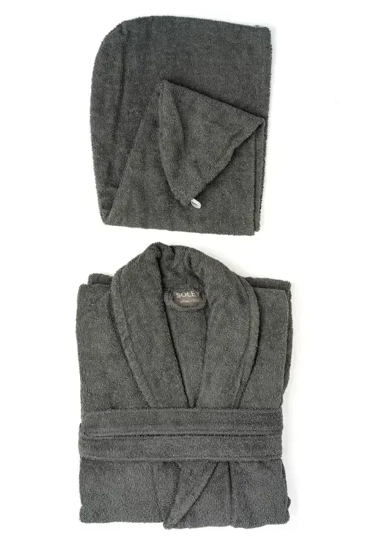 | Mayda | Extra Soft 100% Cotton Hair Bonnet & Women's Bathrobe Set-Anthracite - 1