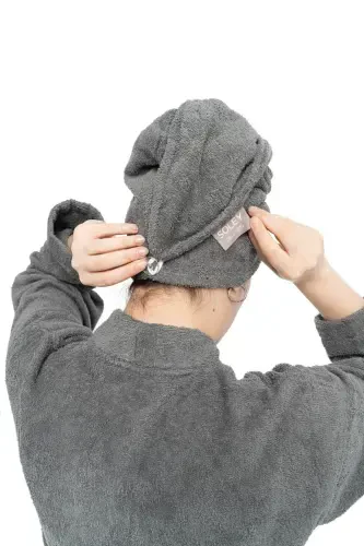 | Mayda | Extra Soft 100% Cotton Hair Bonnet & Women's Bathrobe Set-Anthracite - 4