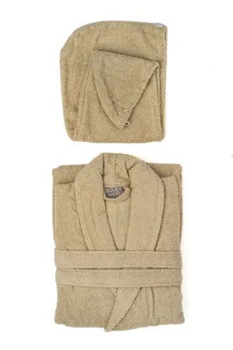 | Mayda | Extra Soft 100% Cotton Hair Bonnet & Women's Bathrobe Set-Beige 