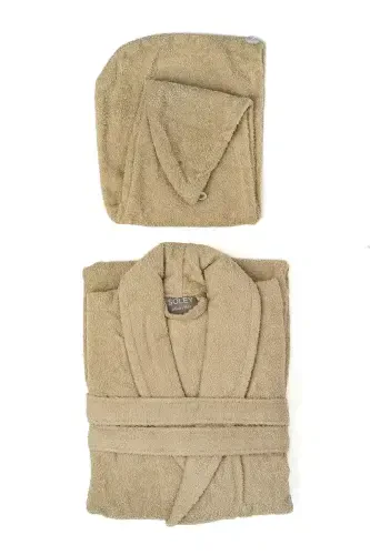 | Mayda | Extra Soft 100% Cotton Hair Bonnet & Women's Bathrobe Set-Beige - 1
